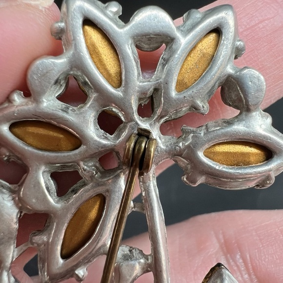 1930s Art Deco Czech Glass Pot Metal Flower Brooch Pin Foil Back Huge Nice Green - Picture 8 of 16